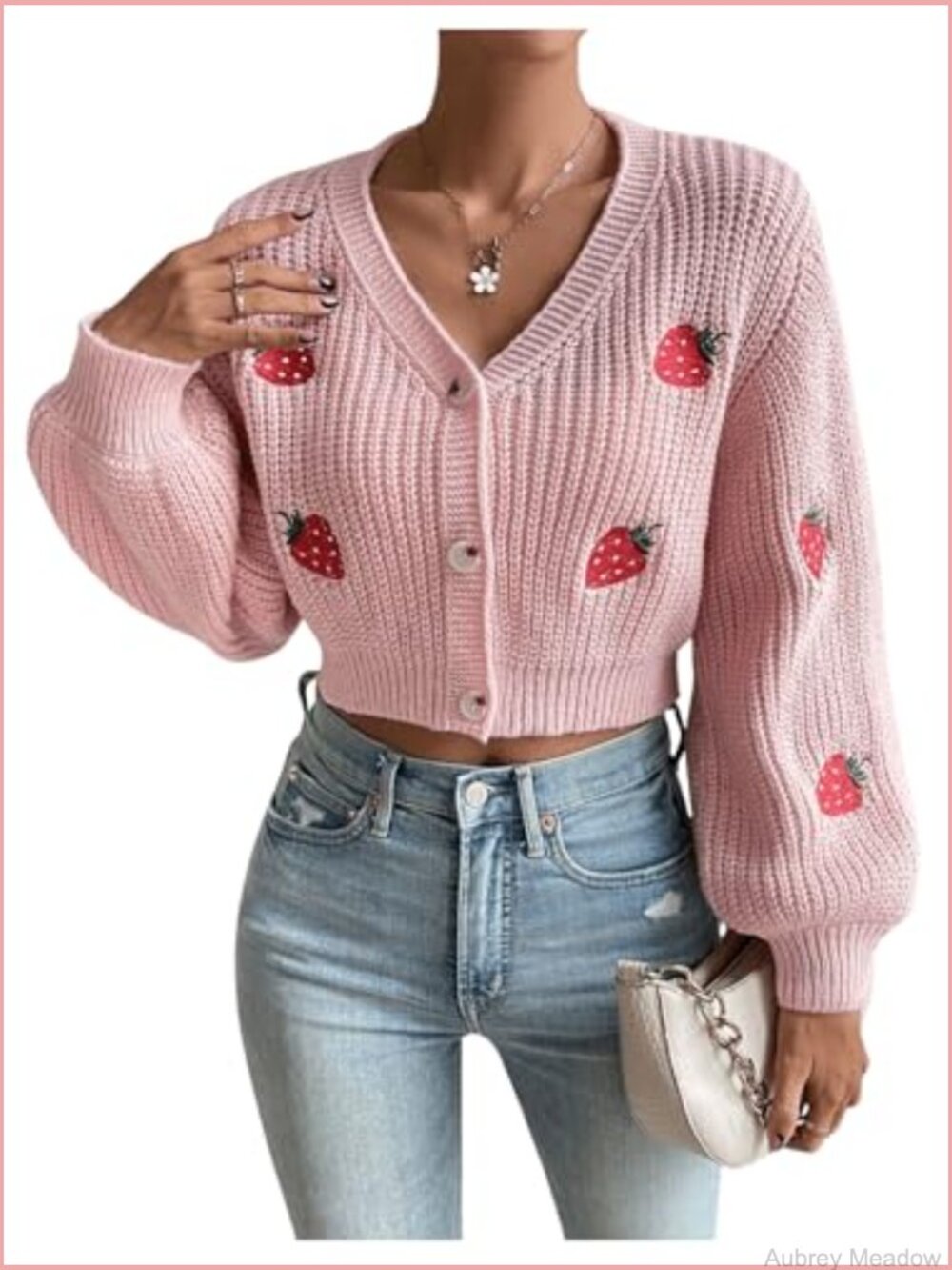 Strawberry Embroidery Crop Cardigan V Neck Button Front Drop Shoulder - Picture 4 of 7